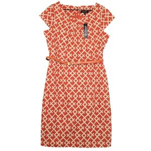 Eden Court Dress Womens 10 Orange White Trellis Sheath Belted Short Sleeve Lined